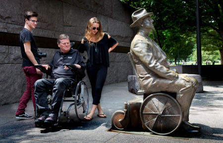 For Sam, looking at the statue of President Franklin D. Roosevelt on the National Mall prompted a moment of reflection on how far technology has come in assisting disabled people. 